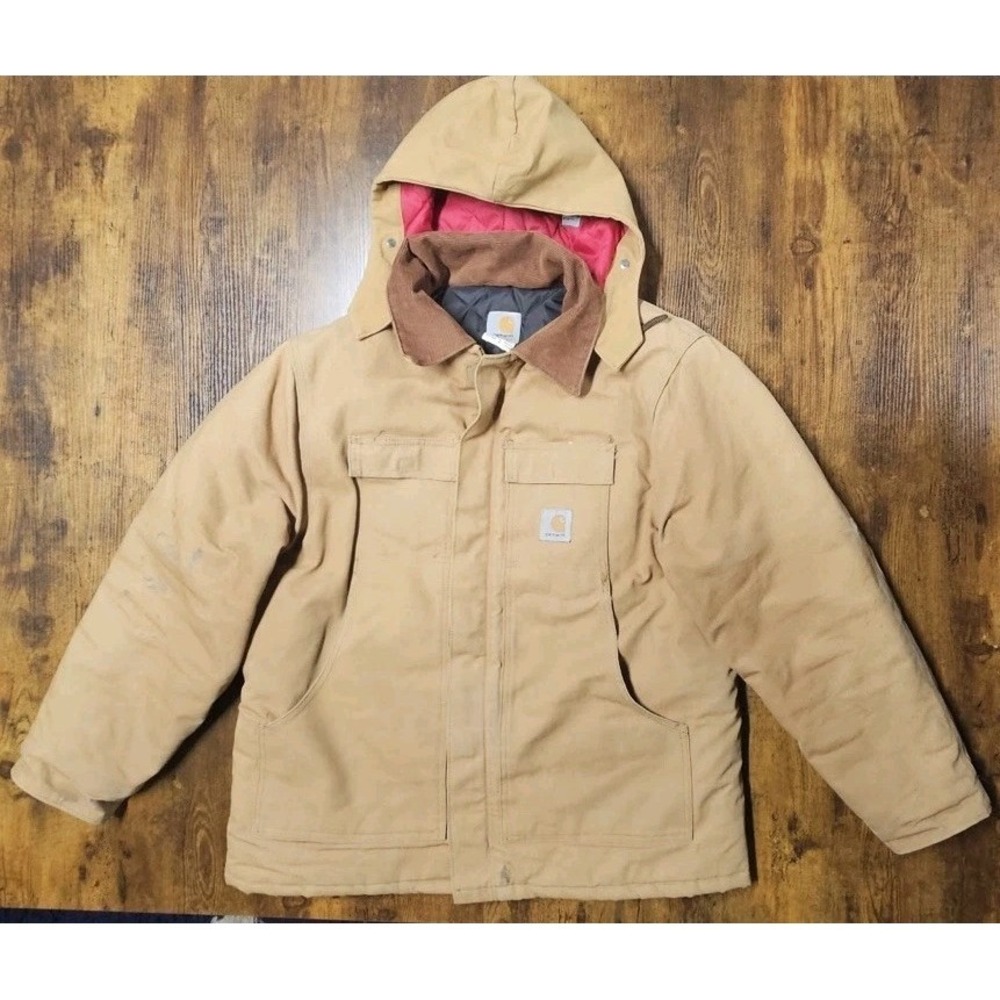 Carhartt Tan Chore Jacket W/ Detachable Hood and Corduroy Collar Size 48 Regular